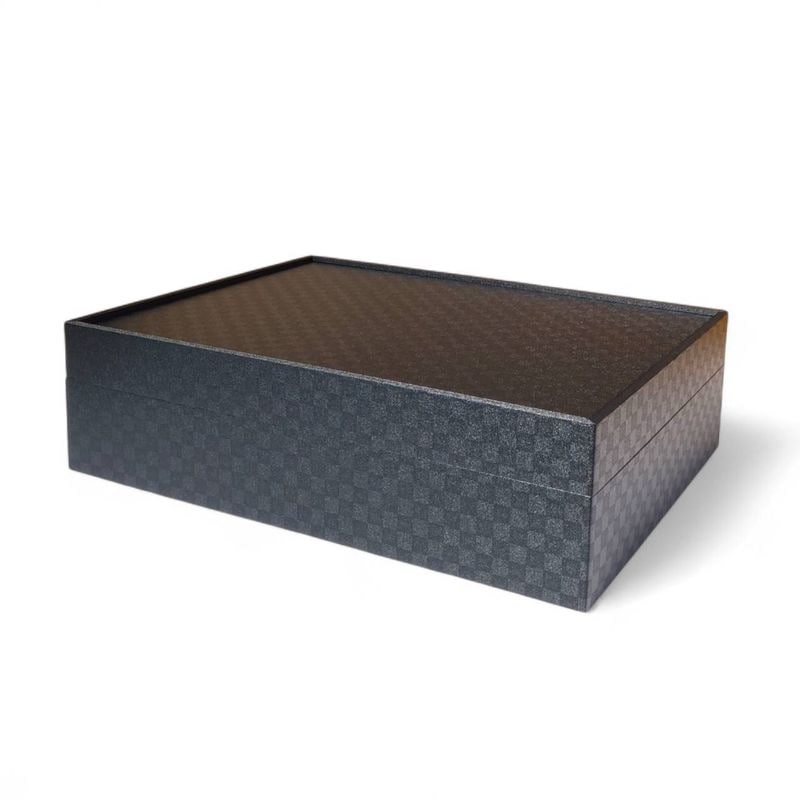 おせち重箱　7寸黒市松柄 長方形（金淵付）印籠かぶせ蓋付 一段　1個