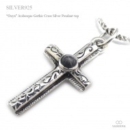 ブラックオニキス埋め込み 32mmアラベスク彫刻 ゴシック調クロス シルバー ペンダント トップ 【シルバー925/SILVER925 /ペンダントヘッド】|シルバー925|ペンダントトップ