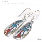 ネイティブアメリカン ハンドメイド ターコイズ＆赤珊瑚 インレイ仕上げ トライバルシンボル シルバー925 ジプシーピアス（フックピアス） 【二個セット販売（両耳用）/シルバーピアス / インディアン