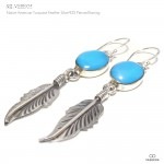 ネイティブアメリカン ハンドメイド 楕円型ターコイズ  フェザー シルバー925 ジプシーピアス（フックピアス） 【二個セット販売（両耳用）/シルバーピアス / インディアンジュエリー】|シルバー92