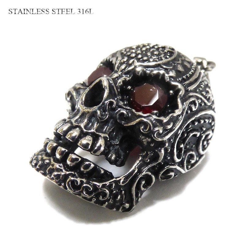 カラベラ（メキシカンスカル）　両眼レッドジルコニア埋込み ブラックポリッシュ仕上げ ステンレス ペンダントトップ / メンズ  【サージカルステンレス】