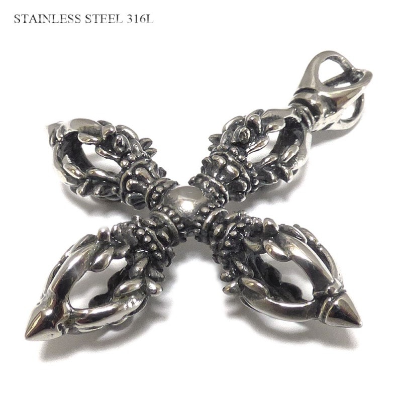密教法具 54mm 金剛杵（十字ヴァジュラ） 羯磨（カツマ） ブラックポリッシュ仕上げ ステンレス ペンダントトップ / メンズ  【サージカルステンレス】