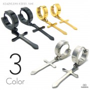 【2個セット(両耳用)】 PVDコーティング 24mmクロスチャーム付き 4mm幅リング フープピアス 【ステンレス・スチール316L】| ステンレス(SUS316L) |ピアス