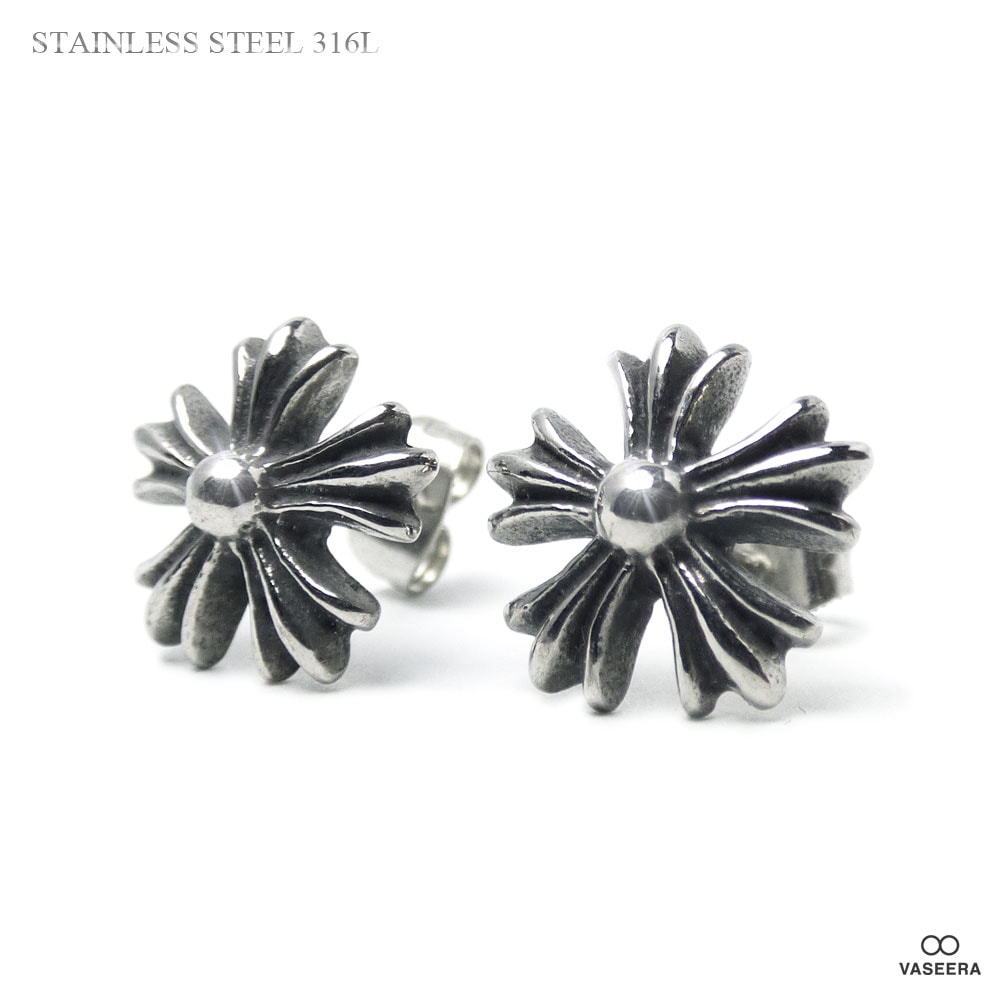 2個セット(両耳用)】 12mm フローラルデザイン ブラックポリッシュ 
