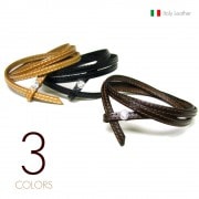5mmイタリアンレザー (牛革) ダブルステッチ仕上げ スワロフスキーポイント 3重巻き 差し込み式サイズフリー  レザーブレスレット  【革 ブレスレット /イタリー】|レザー/革|ブレスレット/バ