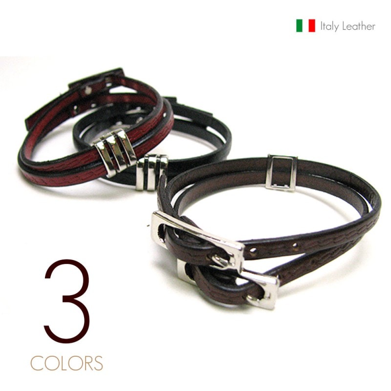 5mm幅 イタリアンレザー (牛革) デザインエンボス ダブル仕様 イタリア製ツインバックル 2連レザーブレスレット 【革 ブレスレット /イタリー】