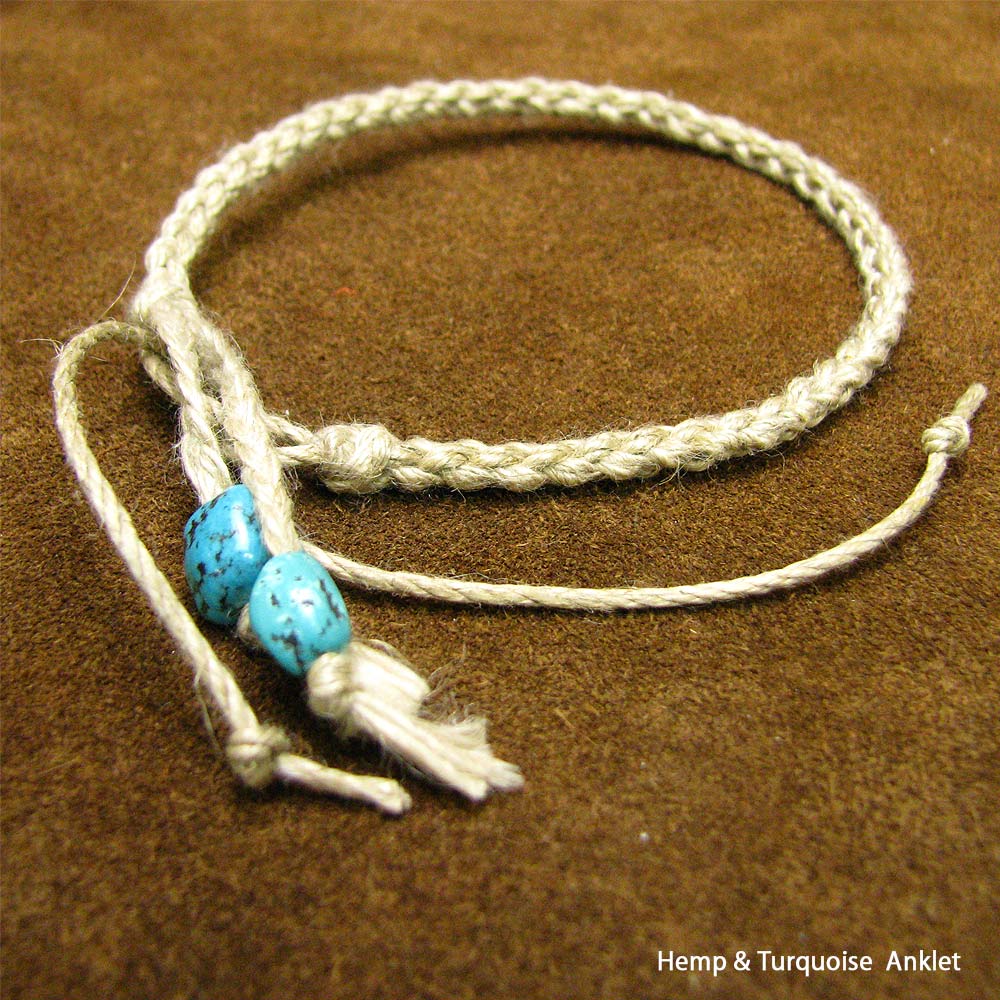 天然ターコイズエンド仕上げ ヘンプ(麻)編み込み アンクレット