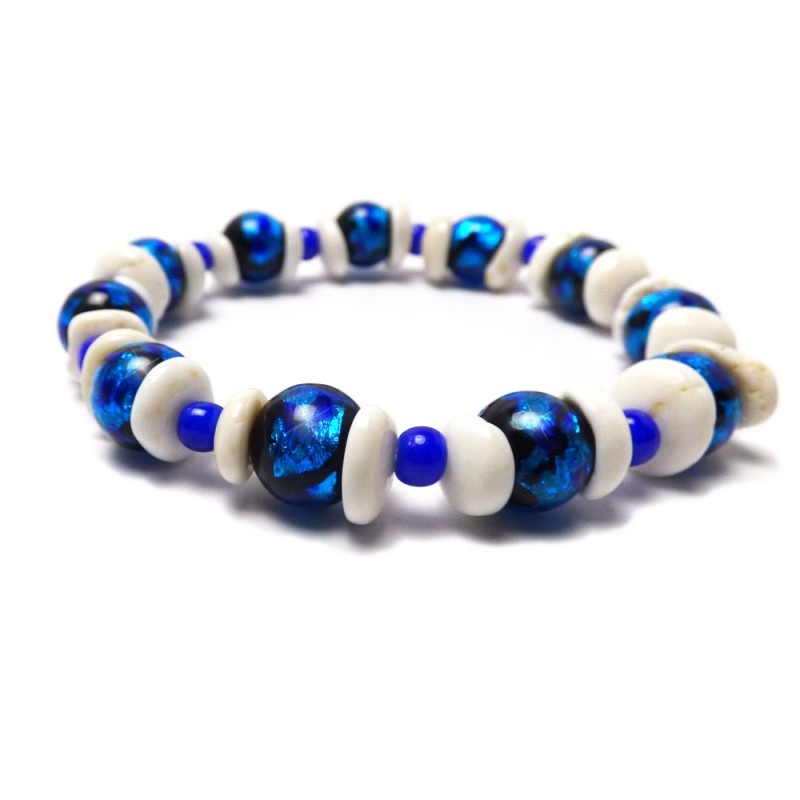 10mm琉球ホタル玉（蛍石入りホタルグラス仕様） ホワイトシェル（プカシェル） ホワイトハーツ  ブレスレット  【メンズ/レディース】