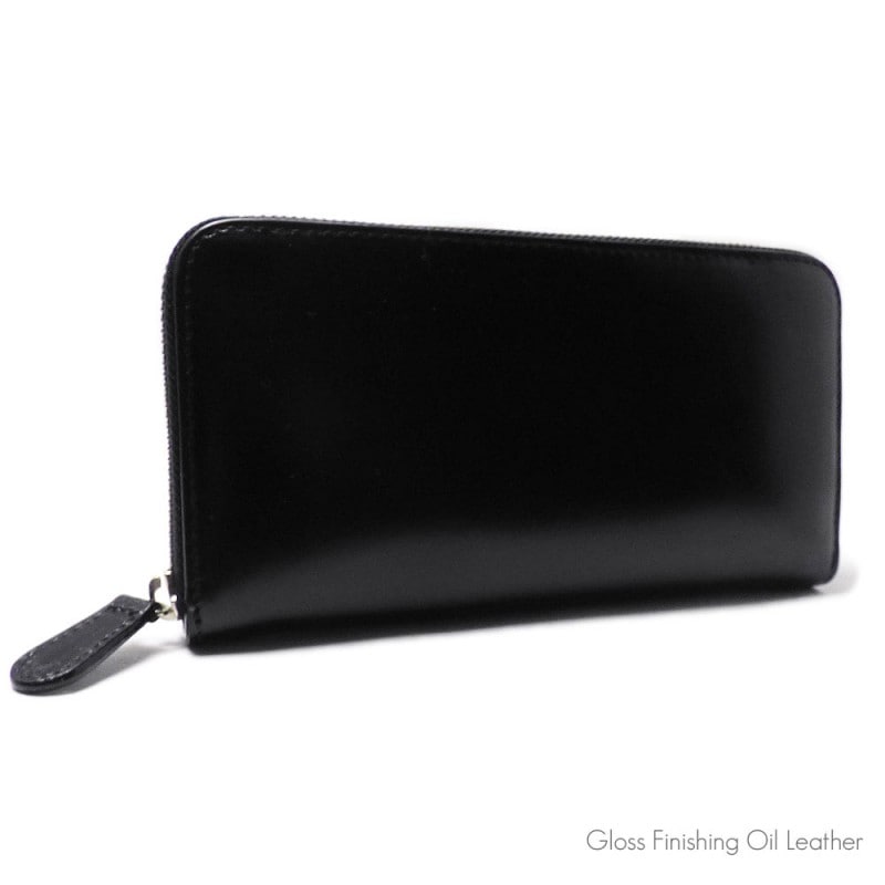 オイルレザー （グロスブラック / インナー グロスレッド） ラウンドファスナー式 ロングレザーウォレット 牛革/革財布