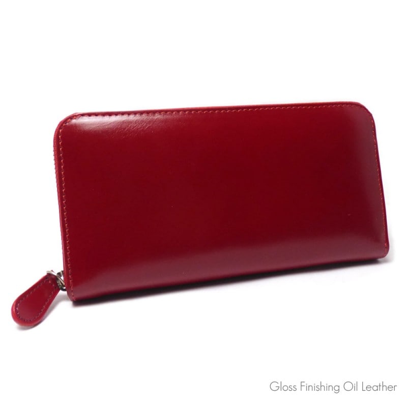 オイルレザー （グロスレッド / インナー グロスブラック） ラウンドファスナー式 ロングレザーウォレット 牛革/革財布