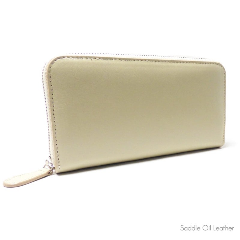 サドルレザー（牛ヌメ革） オフホワイト / インナー サフィアーノ・レザー（オレンジ） ラウンドファスナー式 ロングレザーウォレット 牛革/革財布