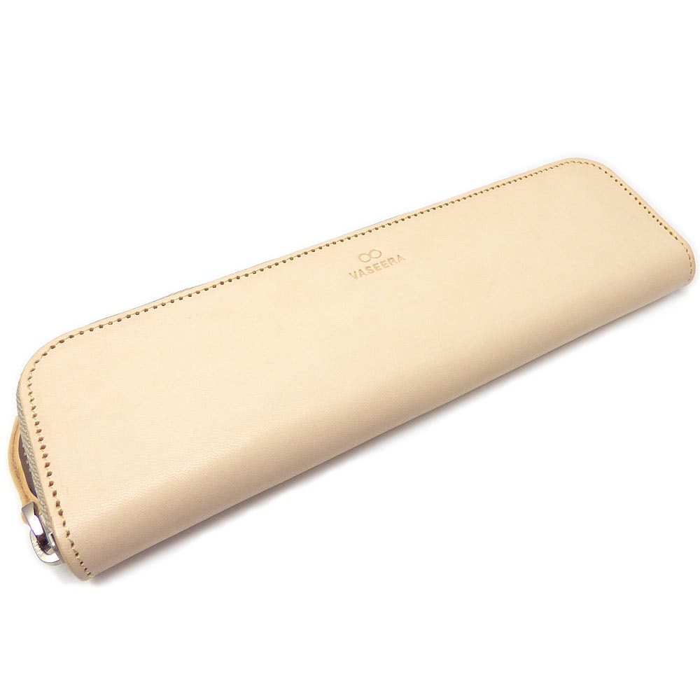 植物タンニン鞣し牛革（白ヌメ革） ラウンドファスナー ペンケース（L