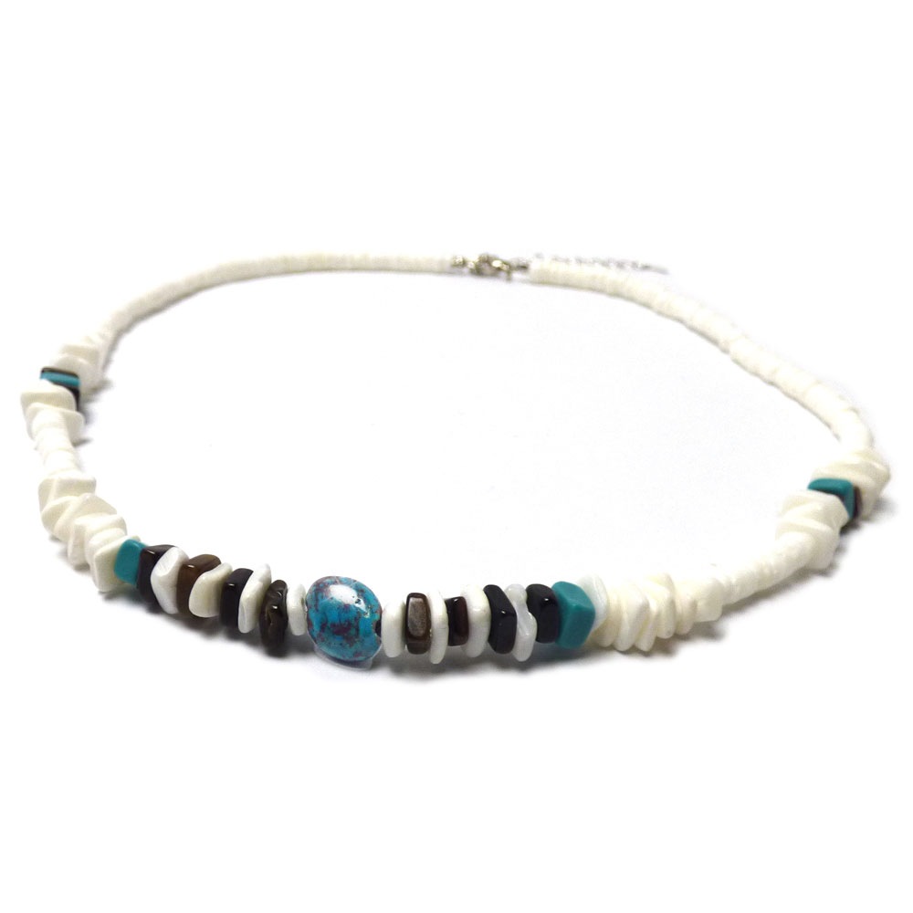 ハワイアンホワイトシェル(白ヒーシー) 天然ターコイズ＆ヤタラ貝 アジャスター付き ネックレス【メンズ/レディース両対応】