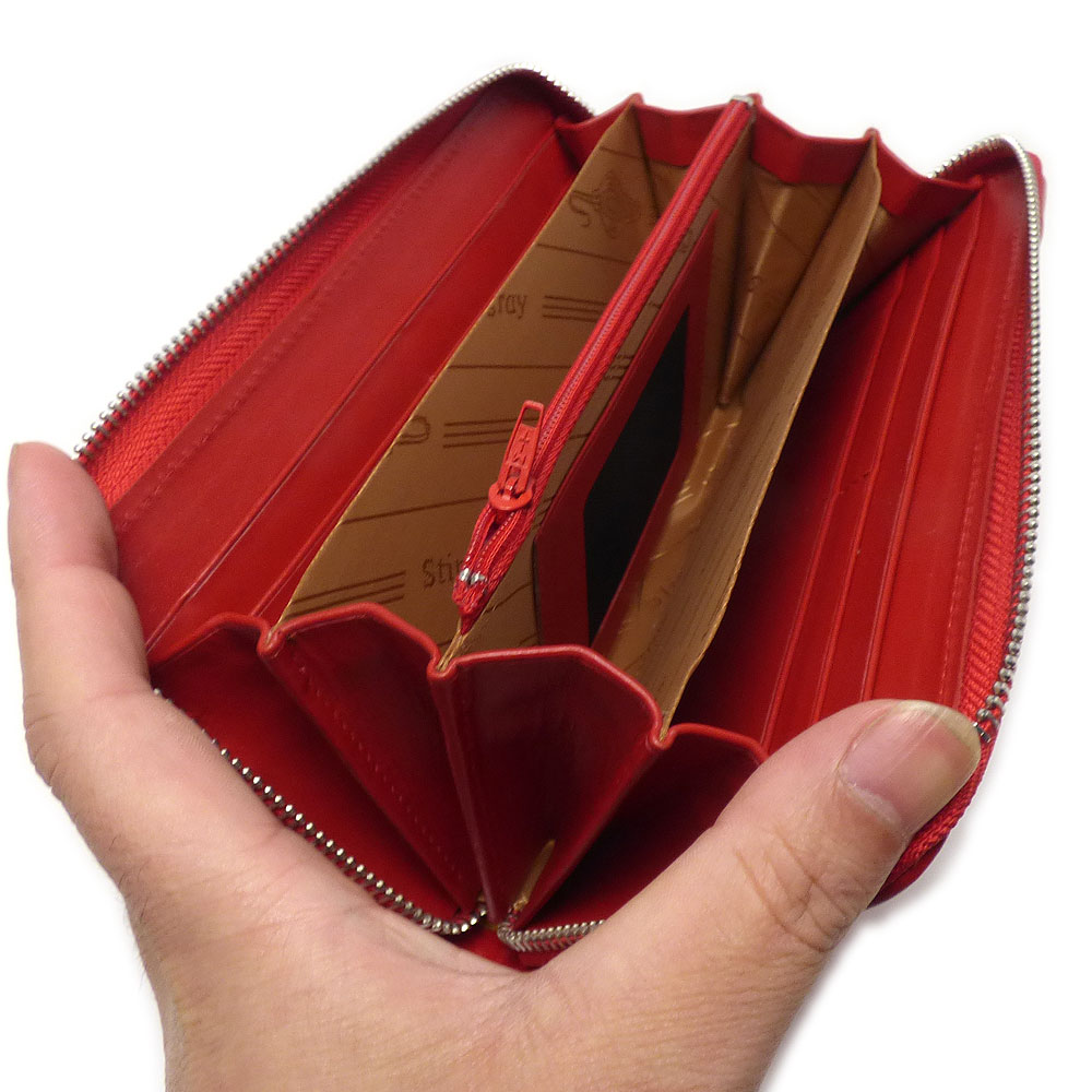 スティングレイ/ガルーシャ（エイ革）　ラウンドファスナー式  ロングレザーウォレット（レッド）