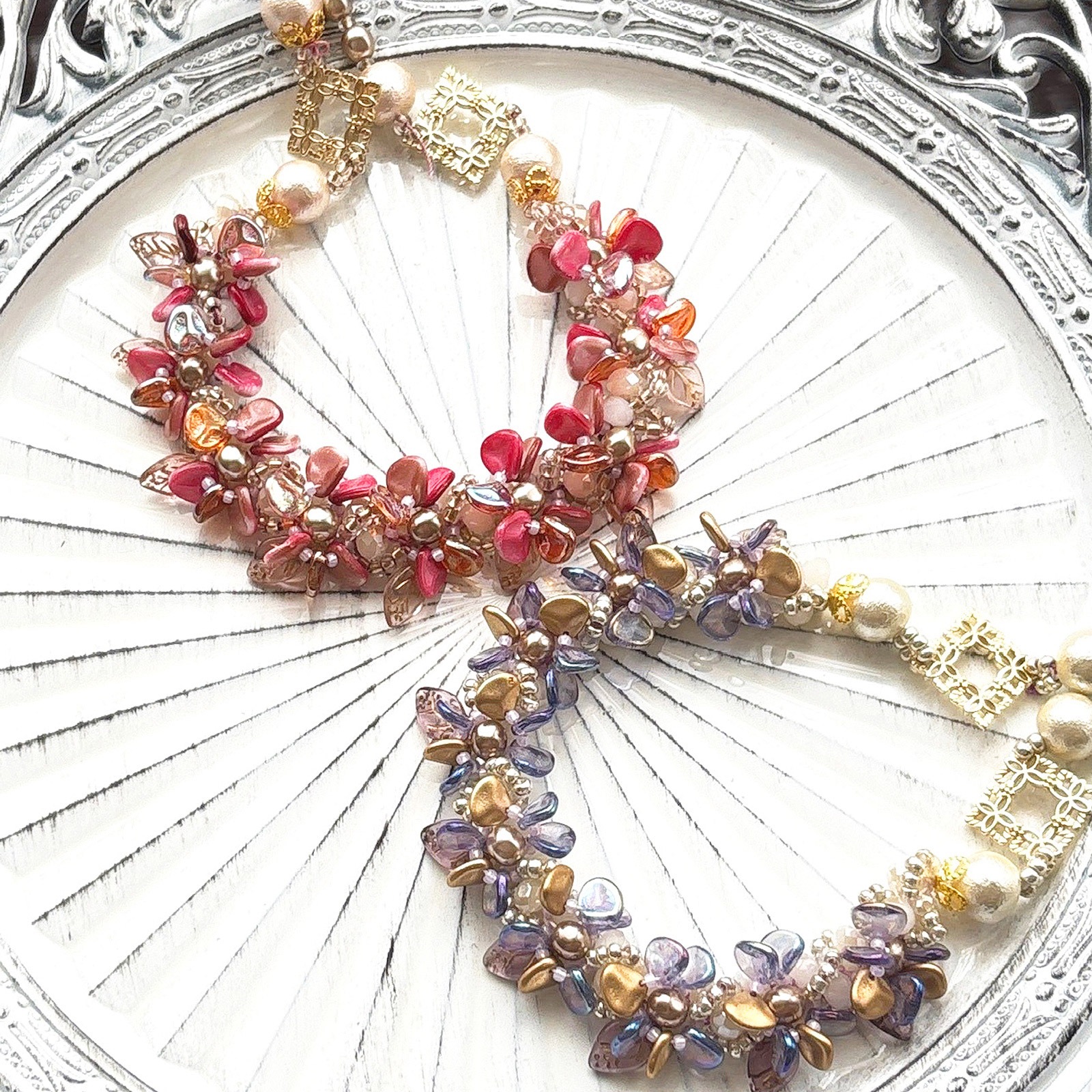 ペレンクロッシェの増減花＊花ネックレス パープルゴールドver.
