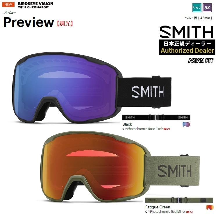 SMITH SNOW GOGGLE/スミス ゴーグル Preview Photochromic【調光】プレビュー バードアイビジョン 2026 日本正規品【送料無料】25‐26 アジアンフィット