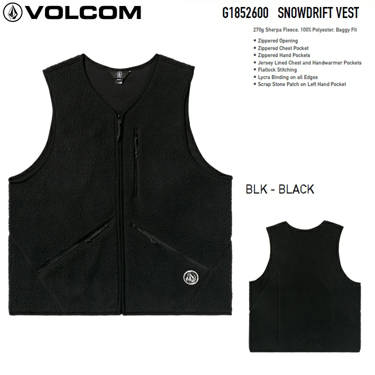 VOLCOM ボルコム SNOWDRIFT VEST G1852600 【 BLK -Black 】 フリースベスト ベスト ボアベスト 2026SNOW 25-26 ボルコム
