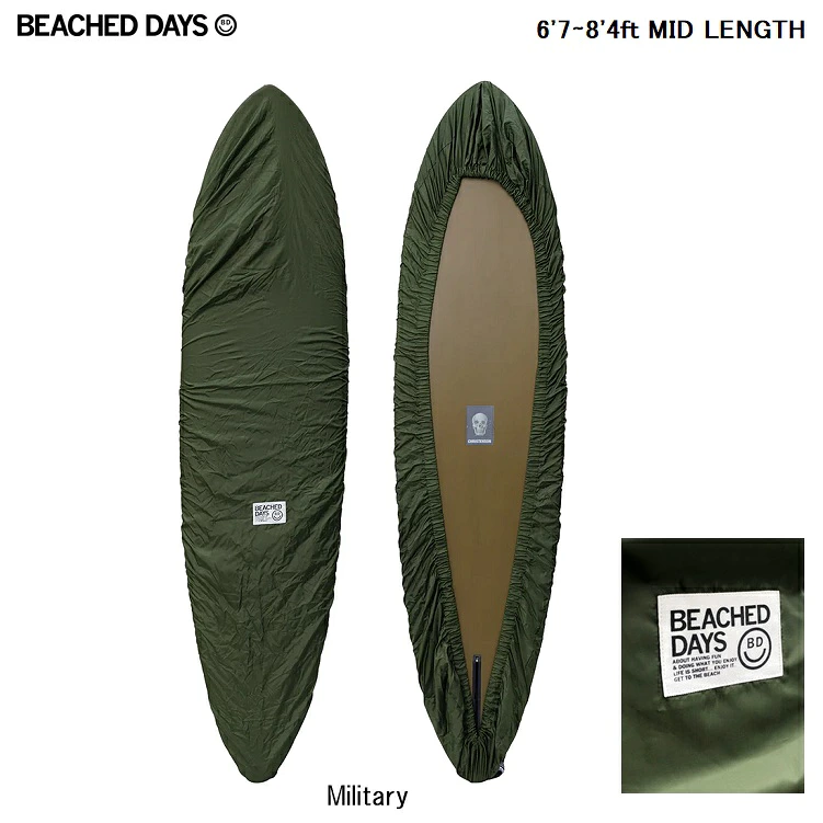 BEACHED DAYS ビーチドデイズ DECKCOVER （MID LENGTH 6'7ft～8'4ft ）カラー: Military (ミリタリーグリーン) サーフボード カバー ケース デッキカバーミッドレングス　ボード サーフィン 人気 ファンボード　ソフトボード