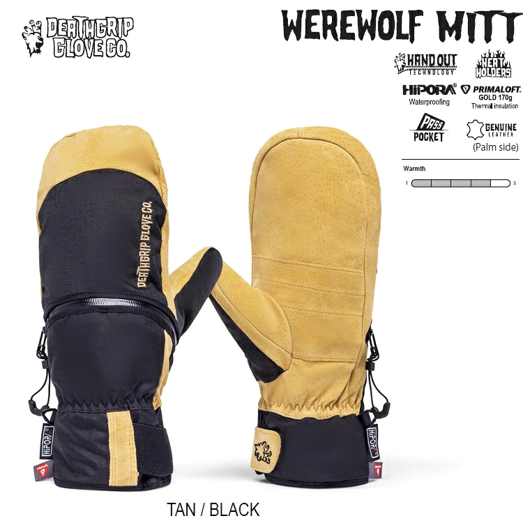 DEATHGRIP GLOVE CO　デスグリップグローブ 26-27 / Werewolf Mitt Glove　カラー: TAN/BLACK / HAND OUT ハンドアウト　レザー　スノーボードグローブ　防水グローブ ボードグローブ　2027