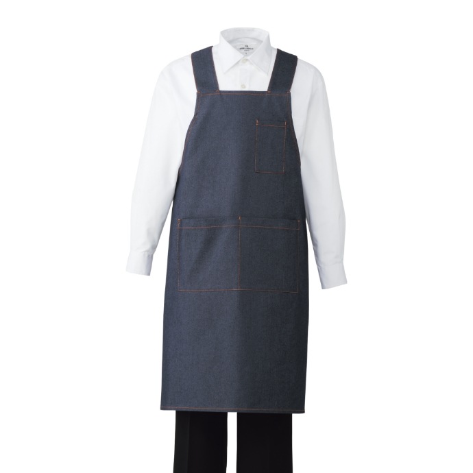 H型エプロン ストレッチ デニム T-8542 アルベ 飲食店・カフェ[ネイビー]【取り寄せ品】