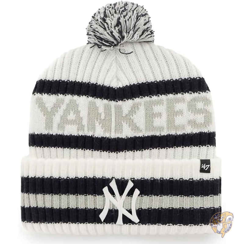 MLB ニューヨーク・ヤンキース ビーニー ニット帽 ユニセックス 大人用 ホワイト 公式ライセンス プライマリー ロゴ ベーリング スポーツ ニット カフ ポンポン ビーニー 防寒帽子 47