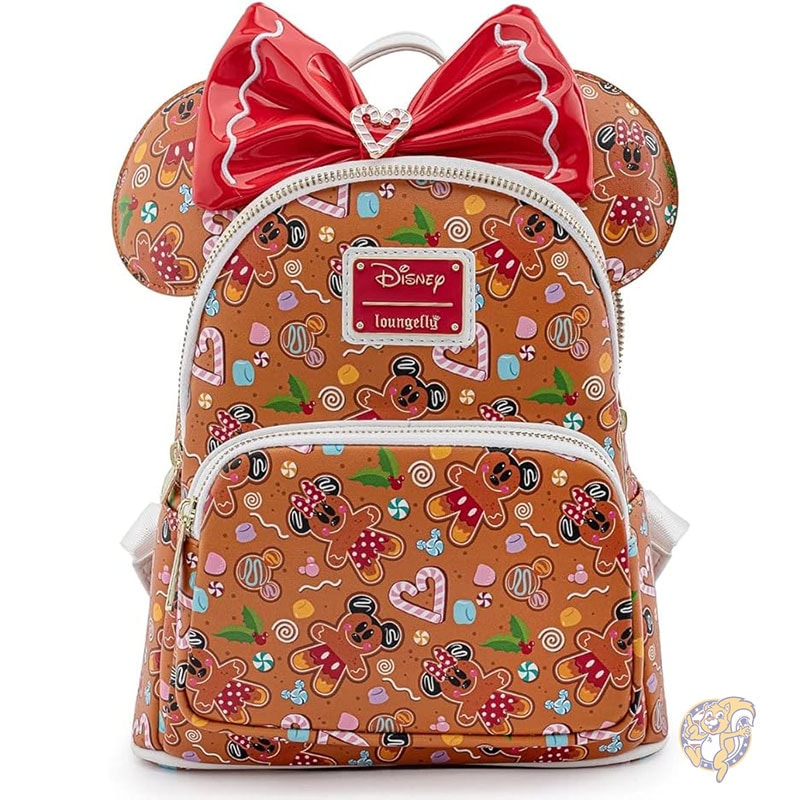 ディズニー ミニー バックパック クリスマス ジンジャーブレッド AOP レディース ダブルストラップ ショルダーバッグ 財布 耳付きヘッドバンド付き ラウンジフライ Loungefly