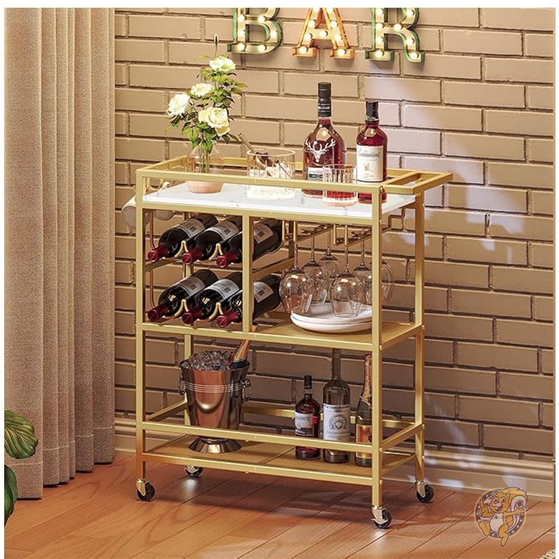 キッチンカート 家庭用バーカート 3段サービングカート ホイールとハンドル付き 飲料カート ワインラックとグラスホルダー付き キッチン ダイニングルーム用ローリングワインカート ゴールドとホワイト MAHANCRIS マハンクリス