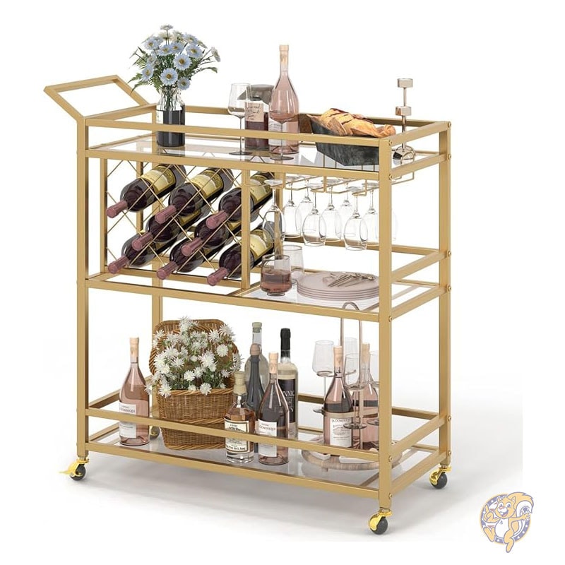 バーカート ワインラックとグラスホルダー付き ホームバーサービングカート 3段ミラー 棚付きワインカート 酒類とドリンク用車輪付きローリングバーカート ゴールド FATORRI ファトーリ