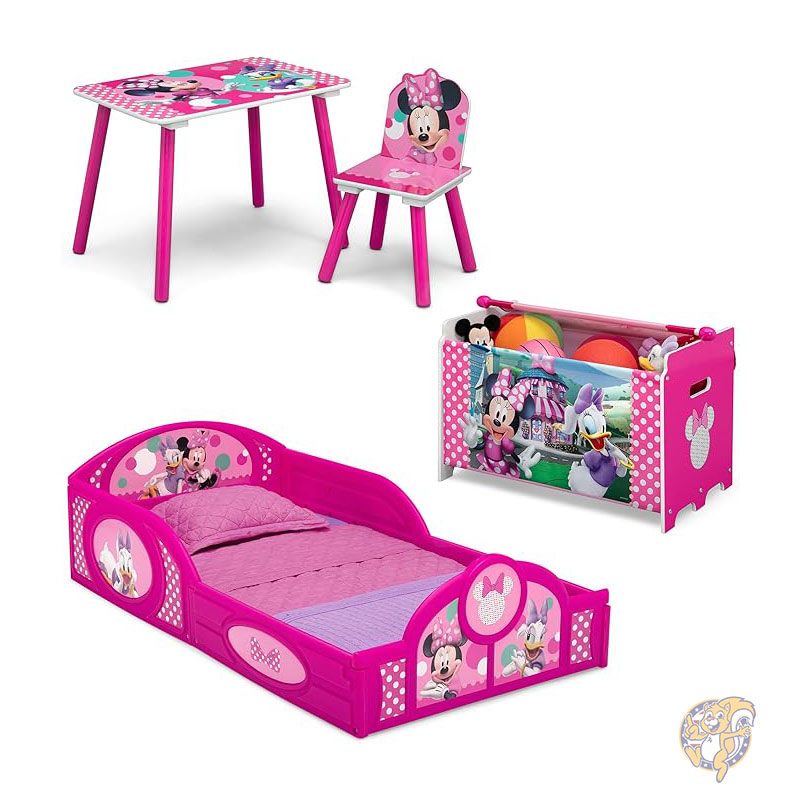 ディズニー ミニーマウス キッスインテリア4点セット 幼児用ルームインアボックスセット スリープ＆プレイ 幼児用ベッド テーブル 椅子1脚 おもちゃ箱付き ピンク Delta Children デルタチルドレン