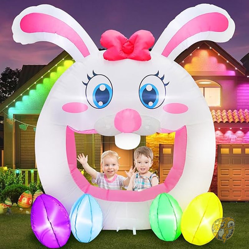 イースター ウサギ 6フィート 182cm 膨らませ式 イースター ピーカブー ビッグマウス バニー デコレーション カラフルな卵付き 8個のLEDライト内蔵 イースターウサギ エッグ　　屋外用 芝生用デコレーション FaveHome フェブホーム