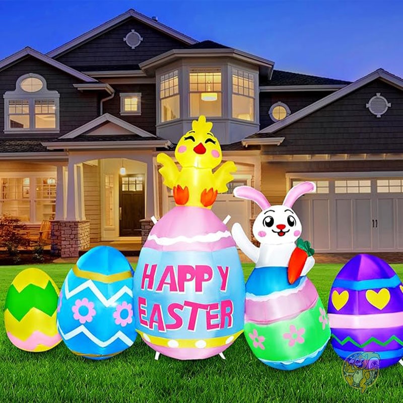 イースター エッグ 7フィート 213m インフレータブルエッグ ウサギ ひよこ LED付き ハッピーイースター エッグインフレータブル庭装飾 ウサギ屋外装飾 Raymall レイモール