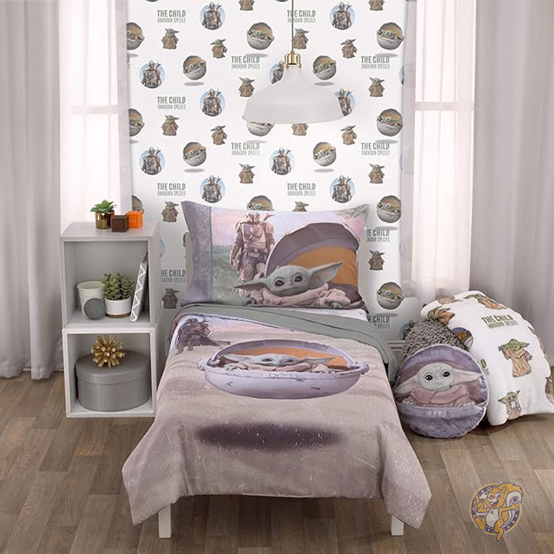 ディズニー Disney スターウォーズ 幼児用ベッド4点セット マンダロリアン ザ・チャイルド グリーン タン ホワイト 掛け布団 フィットボトムシーツ フラットトップシーツ リバーシブル枕カバー 子供用寝具