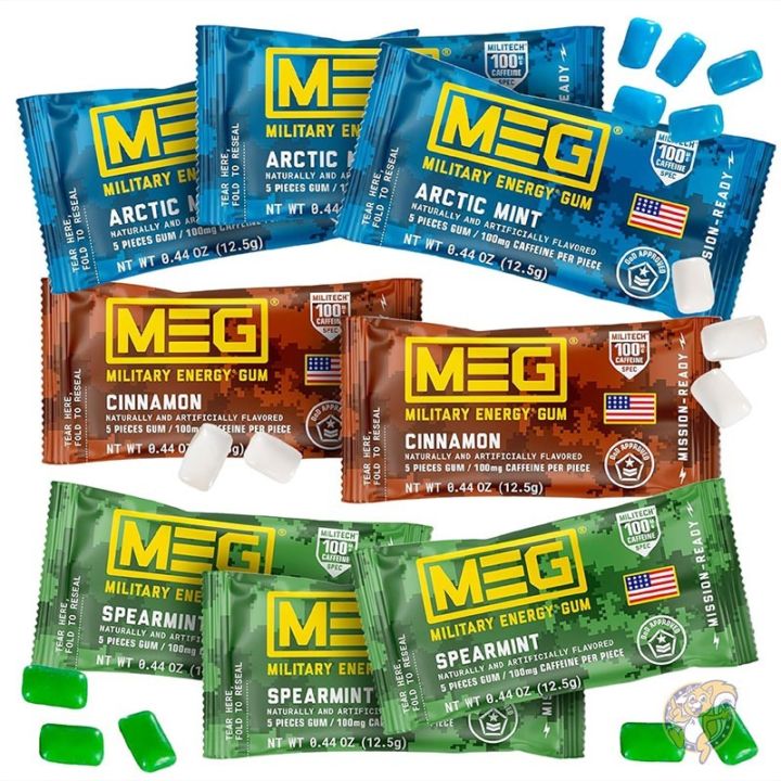 MEG メグ ミリタリーエナジーガム 18パック（全90粒） カフェイン100mg アークティックミント スペアミント シナモン 3種類 8パック40個入り お菓子 ガムーエナジーガム ミリタリーガム Military Energy Gum MEG 米軍使用実績 エネルギー補給