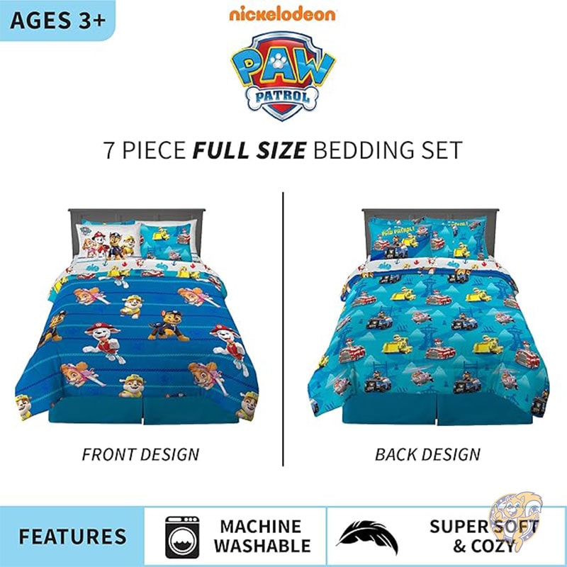 パウ・パトロール 子供用寝具 スーパーソフト 掛け布団とシーツセット 枕カバー付き フルサイズ 7点セット マーシャル チェイス スカイ ラブル Franco フランコ