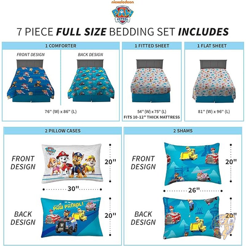 パウ・パトロール 子供用寝具 スーパーソフト 掛け布団とシーツセット 枕カバー付き フルサイズ 7点セット マーシャル チェイス スカイ ラブル Franco フランコ