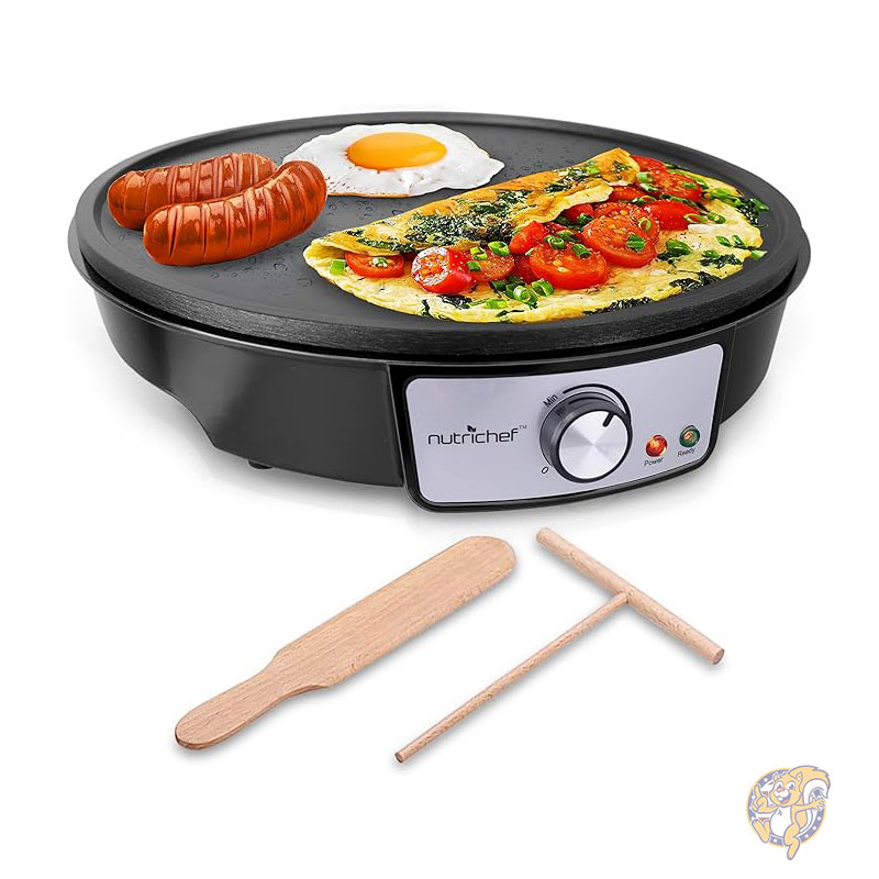 電気グリドル & クレープメーカー ノンスティック 30cm ホットプレート クックトップ 温度調節可能 バッタースプレッダー & 木製スパチュラ パンケーキ ブリンツ 卵に使用可 NutriChef ニュートリシェフ