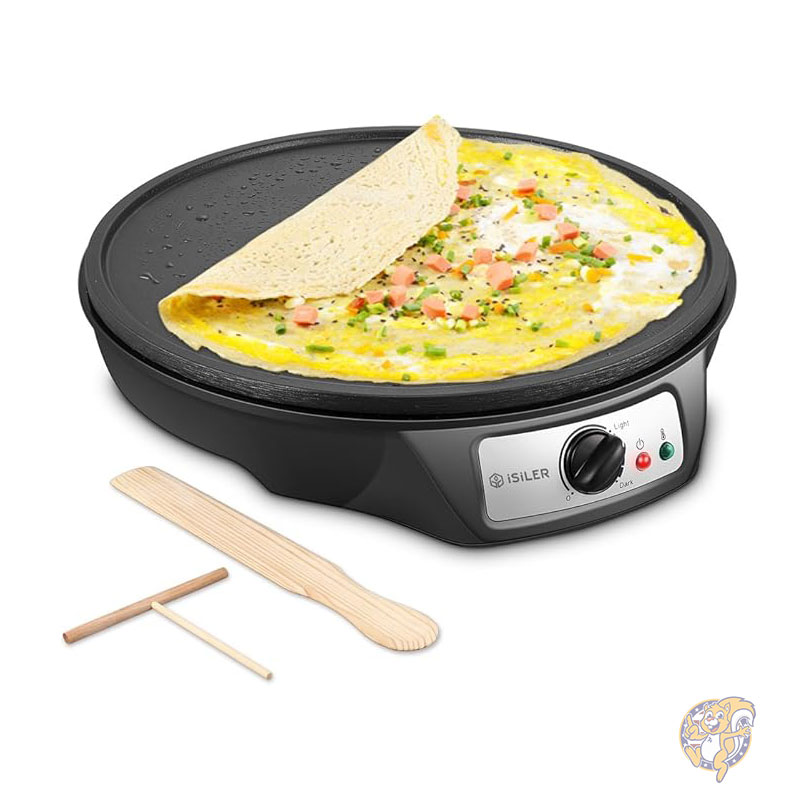 クレープメーカー 電気クレープメーカー ノンスティック パンケーキメーカー グリドル スプレッダー&スパチュラ付き 30cm クレープパン ロティ トルティーヤ 卵用 ISILER イシラー