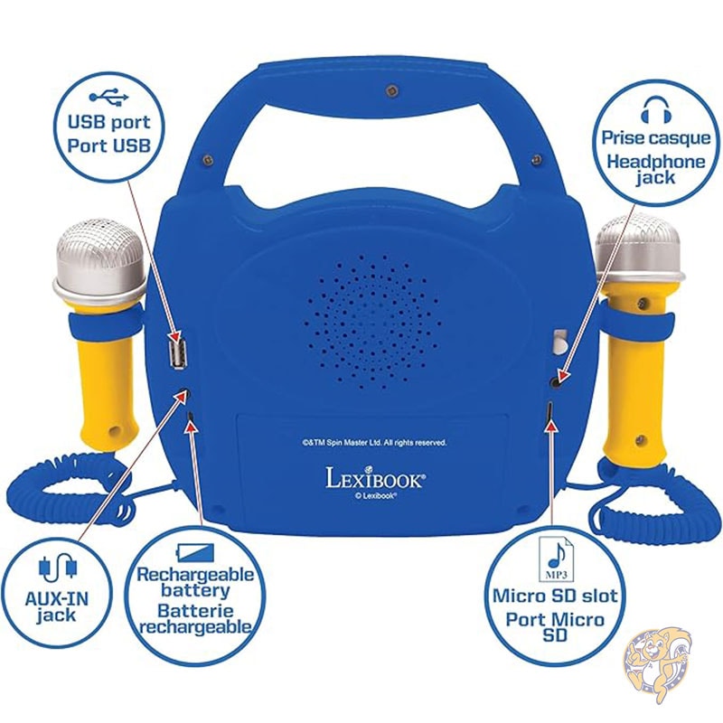 パウ・パトロール 子供用ポータブル カラオケ プレーヤー チェイス マーシャル スカイ マイク ライト効果 Bluetooth 録音 ボイスチェンジャー機能付き 充電式バッテリー 子供用おもちゃ MP320PAZ Lexibook レキシブック