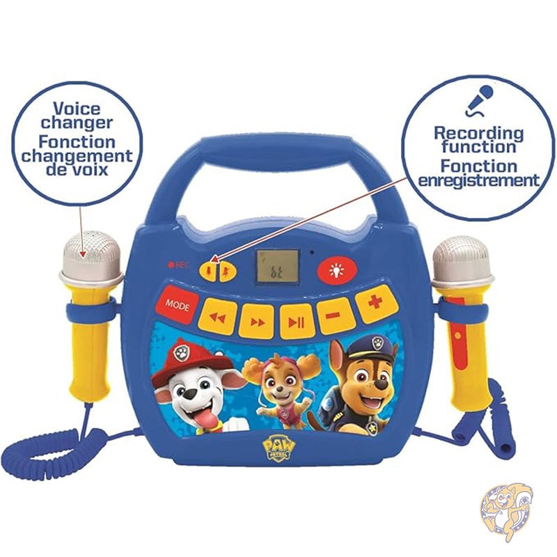パウ・パトロール 子供用ポータブル カラオケ プレーヤー チェイス マーシャル スカイ マイク ライト効果 Bluetooth 録音 ボイスチェンジャー機能付き 充電式バッテリー 子供用おもちゃ MP320PAZ Lexibook レキシブック