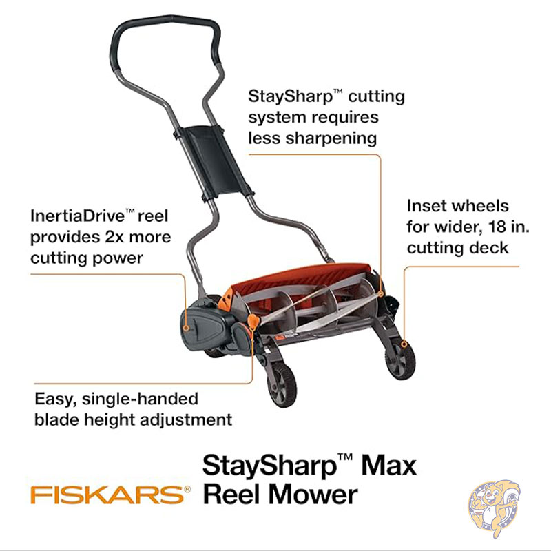プッシュ式芝刈り機 モーターなし 18インチ 45cmカット幅 手動リール式芝刈り機 切れ味の持続するスチール刃付き芝刈り機 芝生のお手入れ Fiskars フィスカー