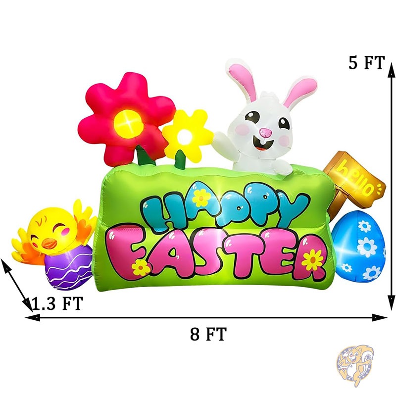 イースター バニー エッグ装飾 243cm 長さ8フィート イースターインフレータブルデコレーション LEDライト付き インフレータブルバニー ひよこ 卵フラワー ハッピーイースターサイン付き 庭 ガーデン用 SEASONBLOW シーズンブロー