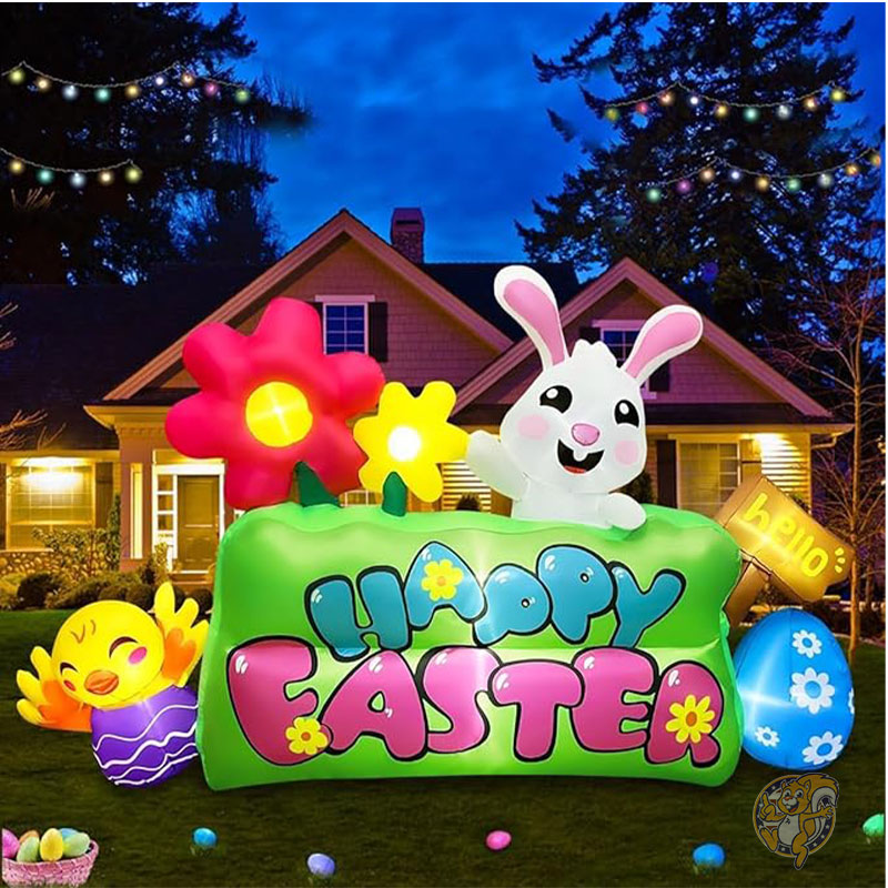 イースター バニー エッグ装飾 243cm 長さ8フィート イースターインフレータブルデコレーション LEDライト付き インフレータブルバニー ひよこ 卵フラワー ハッピーイースターサイン付き 庭 ガーデン用 SEASONBLOW シーズンブロー