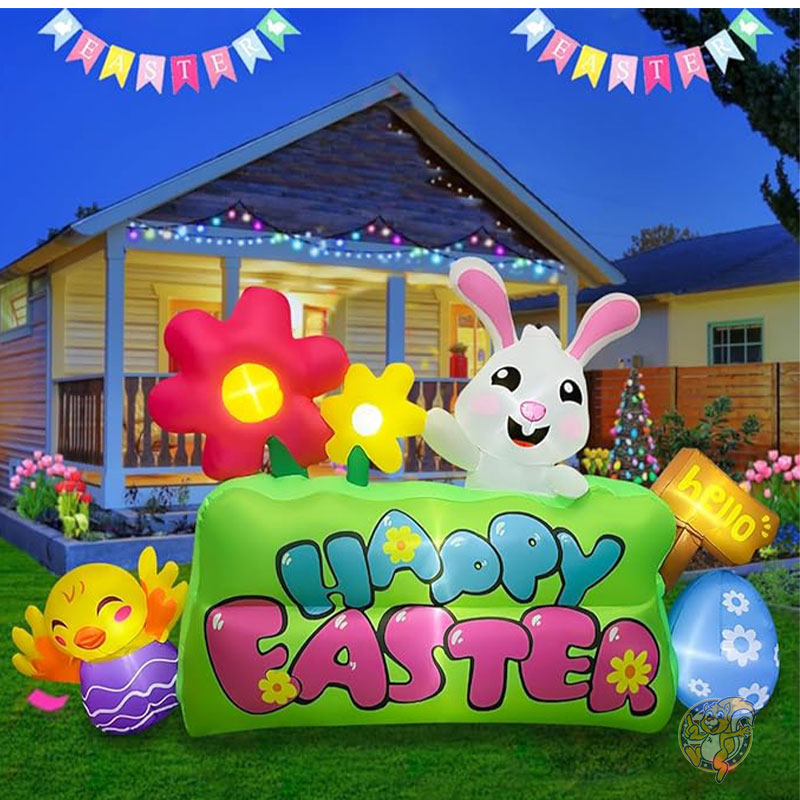 イースター バニー エッグ装飾 243cm 長さ8フィート イースターインフレータブルデコレーション LEDライト付き インフレータブルバニー ひよこ 卵フラワー ハッピーイースターサイン付き 庭 ガーデン用 SEASONBLOW シーズンブロー