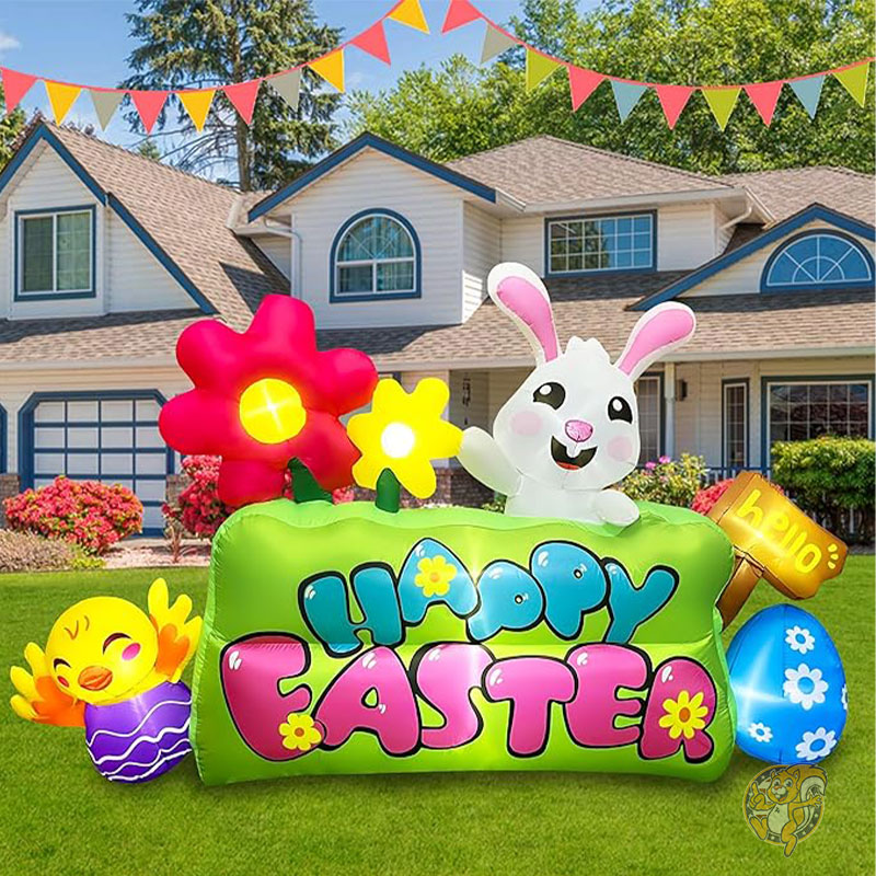 イースター バニー エッグ装飾 243cm 長さ8フィート イースターインフレータブルデコレーション LEDライト付き インフレータブルバニー ひよこ 卵フラワー ハッピーイースターサイン付き 庭 ガーデン用 SEASONBLOW シーズンブロー