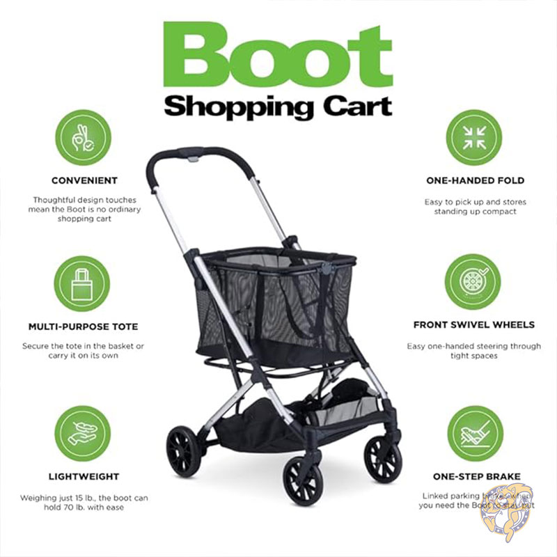 ショッピング カート ブーツ 総重量 容量31kg スタイリッシュな取り外し可能なトート 簡単に操縦できる回転タイヤ 片手でコンパクトに折りたためる機能 ワンステップ パーキング ブレーキ付き (シルバー フレーム) Joovy ジュービー
