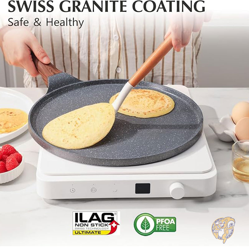 クレープ用フライパン ノンスティッククレープパン スイスグラナイトコーティング ドーサパン パンケーキ フラットスキレット タワグリドル 25cm 熱くならないハンドル付き IH対応 PFOAフリー SENSARTE センサルテ