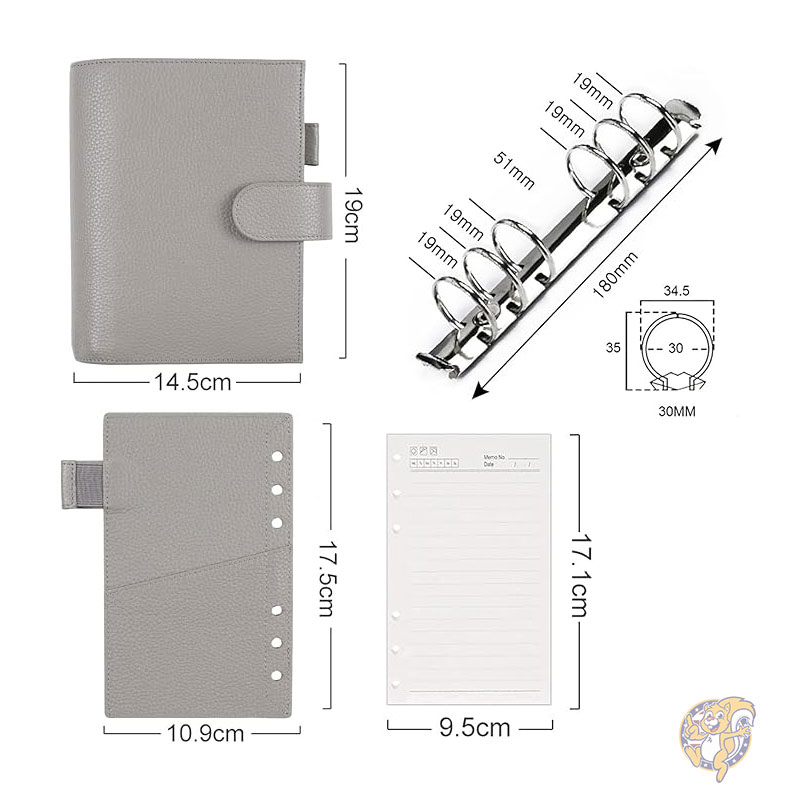 手帳 パーソナル リュクス リング プランナー 本革バインダー オーガナイザー 30mm リング ペブル グレー ルーズリーフ式手帳 Moterm モターム