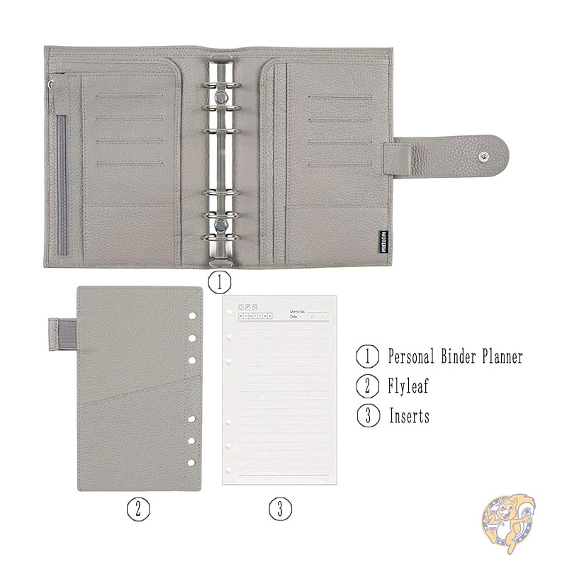 手帳 パーソナル リュクス リング プランナー 本革バインダー オーガナイザー 30mm リング ペブル グレー ルーズリーフ式手帳 Moterm モターム