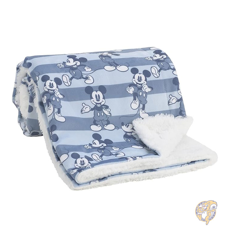 ディズニー Disney ミッキーマウス ベビーブランケット 毛布 ブルー ホワイト ストライプ スーパーソフト ベルボア シェルパ裏地付き