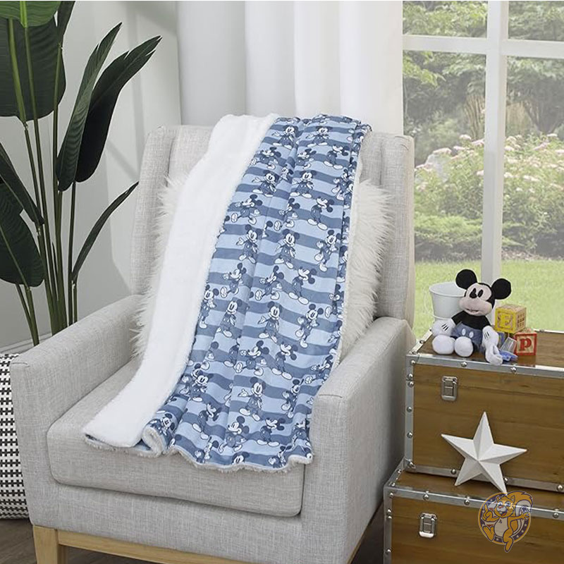 ディズニー Disney ミッキーマウス ベビーブランケット 毛布 ブルー ホワイト ストライプ スーパーソフト ベルボア シェルパ裏地付き